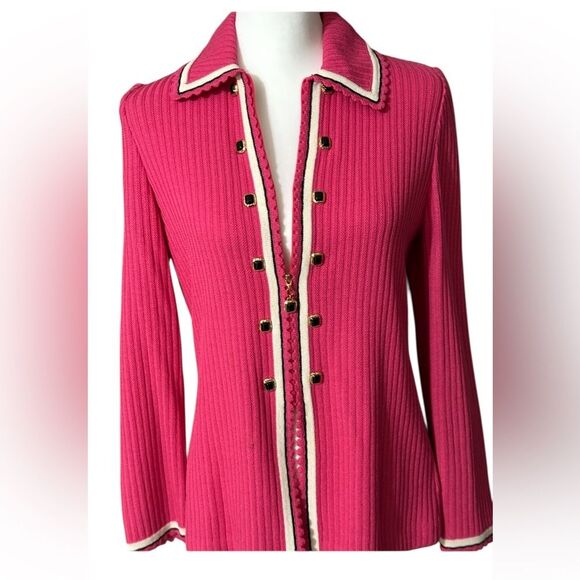 St. John Collection Pink Zip Front Sweater Knit Cardigan with Black Trim Sz 4 - Picture 6 of 16